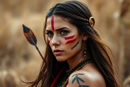 indigenous amazon woman, beautiful woman, young, warrior, tattooed face, red strip ainted eyes, long hair, wind, feather, arrow