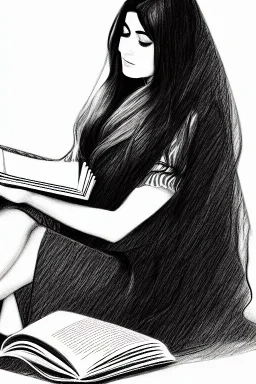 Pencil sketch of Young woman, Arab features,sad, long wavy hair, reading a book, full body، on lined paper