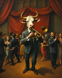 Bosch painting style ,nightmare, a a man with a face of a cow wearing a suit and playing the trumpet standing on stage and people are dancing