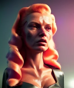 retro sci-fi portrait image from 1980, supermarket parking explosions, fire, scared people, blonde woman walking, sweet Kate moss face, tight latex suit, soft color, highly detailed, unreal engine 5, ray tracing, RTX, lumen lighting, ultra detail, volumetric lighting, 3d, finely drawn, high definition, high resolution.