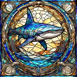 Art Deco style stained glass window of an iridescent Great white shark , modern stained glass design, dramatic elaborate design, hyperdetailed, 8k resolution, bright colors, blue hues, 3d liquid detailing, intricate and fluid design,