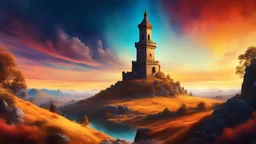 Fantasy landscape with ancient tower.digital painting, surrealism, aesthetic, bold gorgeous colours, high definition, super clear resolution, iridescent watercolor ink, acid influence, fantastic view, crisp quality, complex background, medium: old film grain, tetradic colors, golden hour, rust style, vantablack aura, golden ratio, rule of thirds, cinematic lighting Dark realism and magical. Complementary poisonous colors with deep zoom Memphis style abstract bokeh background with deep zoom