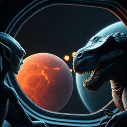 two sad characters gazing out of a spaceship window at a cratered burning close up 3d planet. On the left an thin alien with very pointy shape head and with x-shaped mouth, and on the right a bigg stronger dinosaur-like creature with big head sharp teeth. The background displays a dark space scattered with distant stars and three small explosions occurring on the planet's surface, adding a dramatic sense of action to the scene. realistic, detailed, cinematic, sci-fi