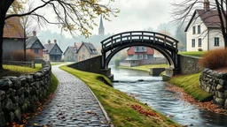 A stunning 3D render of a watercolor painting depicting a quaint rural scene during a rainy day. A cobblestone path winds towards a wooden bridge, which gracefully arches over a swollen creek filled with leaves. The village in the background boasts cozy houses and a stately church, casting elongated shadows under the overcast sky. The overall atmosphere is serene and atmospheric, capturing the essence of a peaceful, rain-soaked countryside., 3d render