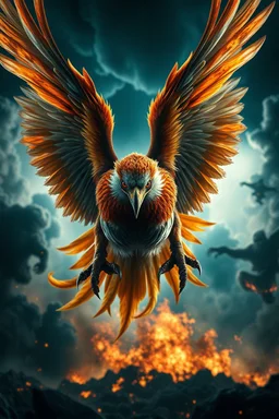 Create a ultra high definition and photorealistic image, 12k quality of a beautiful phoenix, majestic and strength showing, emphasis on texturized claws, upclose with a front view flying towards the camera, centre of an explosive and chaotic background scene of Armageddon where he is followed by demon like dark clouds in persuit trying to grab him, phoenix has striking eyes and determined look, majestic wings folded inwards in flight, bright auburn, black, white, grey and yellow colours, gothic