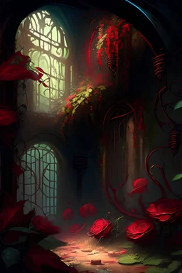 Abandoned Azetc steampunk dungeon room in overrun with vines and red flowers painterly fantasy rpg art