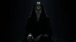 A solitary woman sitting alone in an endless void of million dimensions of darkness, pale skin, large hollow dark eyes with deep shadows around, wearing tattered black robes, empty expression, staring into nothingness. Only vertical dim light surrounds her. Absolute loneliness, emotional emptiness, existential despair, abandonment, silence, vast darkness consuming everything beyond the light. No other people, no eyes, no silhouettes, pain, empty soul, surreal, thriller, cinematic