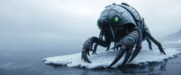 airbrush 3d rendering, frontal close up of cyberpunk alien gremlin underneath chrome centipede lobster huge space ship on small frozen island in lake, pinhole cam, background motion blur