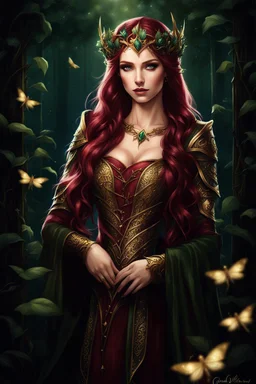 Burgundy hair, dark hair,dark red , rapunzel hair,very long hair,dark fairy princess,elven crown,night,dragonflies,beautiful,ong ashes,golden armor ,sparkle,night blooming,ivy,dark green,lilly of valley,golden elven crown,elven warrior,dark gold armor,extremely long hair