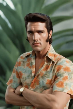 Elvis Presley with medium length bob-styled brown hair, a mustache, wearing a Hawaiian shirt and Bermuda shorts- well-lit, UHD, 1080p, professional quality, 35mm photograph by Scott Kendall