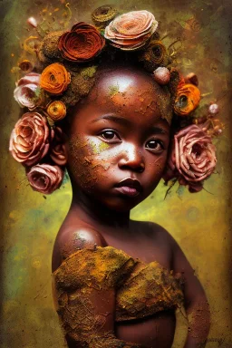 an abstract painting of rusted metal and flowers, african baby portrait, rust, scaffolding, iron cladding, decay, mixed media, textured, anatomically correct, beautiful perfect face, sharp focus, highly detailed