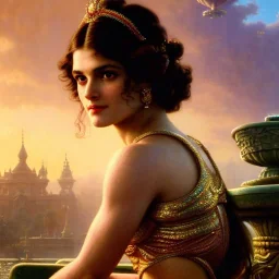 Hyperdetailed oil on canvas, young Rachel Weisz sits by the ornate fountain, goldfish pond, lotus, detailed face, long brown wavy hair; by gaspar camps, maxfield parrish, alphonse mucha, cyril rolando, dan mumford; luminous colorful sparkles, glitter, airbrush, octane render, volumetric lighting, 16k