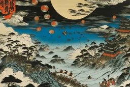 A black warped chaotic realm in the planet filled sky painted by Utagawa Hiroshige