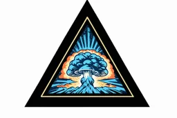a blue nuclear explosion mushroom cloud with a geometric symbol(see reference image) inside an equilateral triangle, radiant lines, vector logo