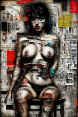 Ultra detailed medium portrait painting of a half naked woman sitting on a chair, no nudity, bended over, dark room with little light coming from an open door behind her, torn up collage of clippings, broken circuitry background, matrix effects, punk visual art, punk art aesthetic, graffiti art, pop surrealism, collage art, cluttered paint glitches