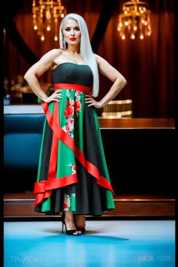 full body of very beautiful ukrain lady wearing green_black pretty midi flared dress ,white gray hair ,standing idle pose in studio