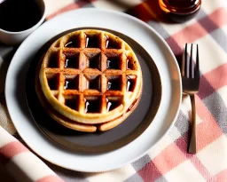 Round waffle with maple syrup plate, plaid napkin fork