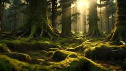 4k image of a healthy forest, blackish, giant trees, intricate details of moss, long-distance shot, cinematic sunset, ancient times, holy