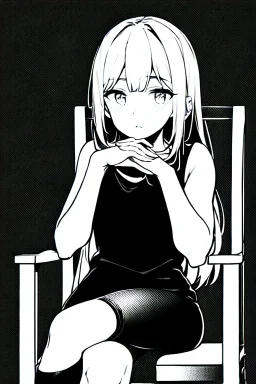 blonde girl speaks sitting on a chair, grayscale