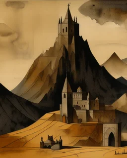 A brown mountain with a fortress designed in Heidrun manuscripts painted by Lyonel Charles Feininger