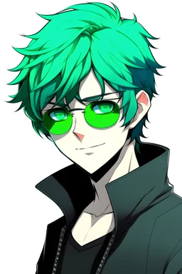 An anime boy with green hair and green eyes, wearing black clothes and sunglasses, and a white background