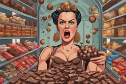 an angry (evil-woman-with-small-horns-on-her-head, beautiful-face-with-light-glowing-eyes), very-angry-looking, a man throws all kinds of chocolates, chocolate bars, bonbons, truffles in front of her from a distance