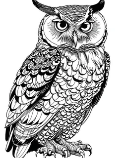 real massive big Owl, coloring page easy to color, full body (((((white background))))), only use an outline., real style, line art, white color, clean line art, white background, Sketch style