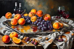 Create a masterpiece an oil painting on cracked canvas: of a Gleaming melting chrome serving tray with spent wine, partially decayed grapes, peaches, oranges, lemon's, walnuts, discarded dry stale bread and mouldy cheese, cloth draped over an old wooden ultra textured table, ultra-realistic portrayal, 8k resolution, rich cool tones, intricate textures, reflections, flawlessly polished exteriors, rule of thirds futuristic concept art of a still life Masterpiece. Modifiers: trending on Artstation