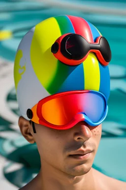 snake head in rainbow colored round swimming goggles