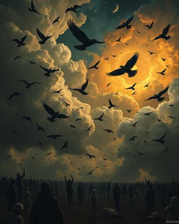 Bosch painting style, nightmare , people suffering in hell , dramatic, great quality picture with cinematic scenes , show only heavy clouds in the background, many dead bodies like stars in the sky , children’s and black birds fill the backgrounds birds are taking the humans in the sky