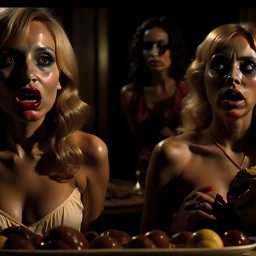 Horror movie shot, spooky, hot, ultra realistic, dine, horns, ultra realistic hot blonde women, , year-end party, pieces of meat, organs, ail, dynamic, very excited people, hypermaximalist figures, light, 1970's Italian horror movie, sinister,, Dario Argento, Stanley Kubrik, ornate, 4k, photorealism