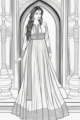 coloring page for adults of fashion model wearing hindi dress, thick and clear lines hair, full body portrait, style clean coloring page for adults, cartoon style, clean line art high detailed, white background, coloring book style, 8k, no-shading, thick lines hair, no-grayscale, lines hair