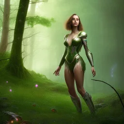 upper body of yohan diniz, fast walker, as a young cute feminine woman, short hair, green forest background, stream, mega flowers, dusk, 100 fireflies