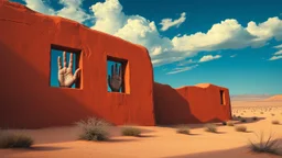 Paisaje onírico desértico con una pared de arcilla roja que tiene ventanas rectangulares por donde asoman manos humanas gigantes con dedos entrelazados de forma imposible, estilo surrealismo clásico con cielos de color azul cobalto profundo.