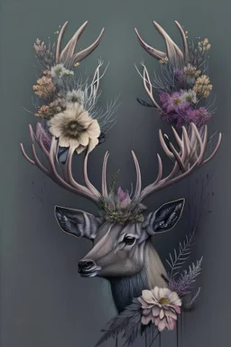 Drawing of stag head with horns made of flowers, muted colors, flowers and insects, minimalistic, realistic, dark background