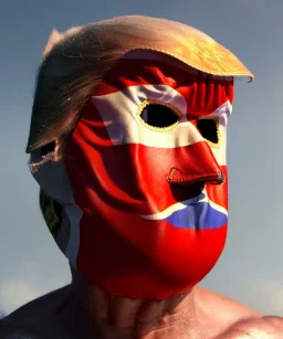 Realistic image of Donald trump wrestler, Mexican wrestling style, Mexican wrestling mask, chin and nose visibles, red and blue breeches, glow us flag dress, suspenders, retro style, 80s, vibrant color, highly detailed, sky background, concept art, unreal engine 5, god rays, ray tracing, RTX, lumen lighting, ultra detail, volumetric lighting, 3d, finely drawn, high definition, high resolution.