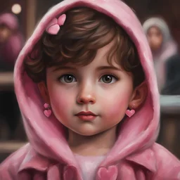 Painting of a little girl with big hazel eyes and short brown hair with a pink jacket and heart earrings, 2 years old, adorable eyes, cute face, oil pastel, oil pastel painting, oil painting, painting style, light colors, blurry background