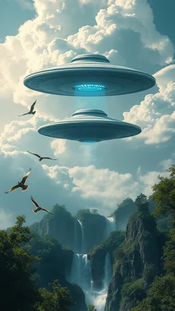 A big ufo spaceship in the background big monkey and birds with a lot of clouds and waterfalls