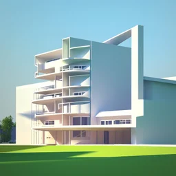 Dibujo arquitectónico de un edificio de cinco pisos, moderno, diseñado aplicando la proporción, estilo minimalista futurista, calidad ultra, gente, árboles, colores complementarios