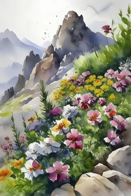 flowers, rocks, mountains, watercolor paintings