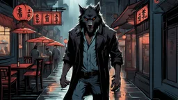 Werewolf with a Chinese menu in his hand, walking through the streets of Soho in the rain. There is a neon sign in the background on a restaurant that says "Lee Ho Fuk's. Illustration.