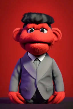 Waist up muppet Portrait, Kim Jong-un as muppet doll, black suit, photo studio, red background, unreal engine 5, concept art, art station, god lights, ray tracing, RTX, lumen lighting, ultra detail, volumetric lighting, 3d.