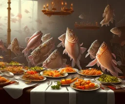 supper, fish sit at the table and eat pieces of people.