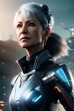 Middle age female Cyborg anime warrior, orange eyes, gray hair with dark blue hair, ponytail hairstyle, waist up portrait,4k resolution, intricate details, ornate details, soft lighting, vibrant colors, retroanime, masterpiece, intricate eyeliner, dark eyeshadow, futuristic cityscape background
