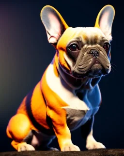 a detailed illustration of a french bulldog, phoenix bird wallpaper, luminescent body, full body, symmetrical body, realistic, glowing muscles, sharp focus, meticulously detailed, soft evening sky, 64k