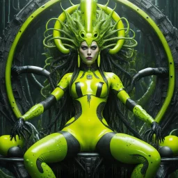 (design by HR Giger) sci-fi "Cyberpunk robotic" dominating gynoid medusa in splattered slime yellow leotard, queen of the jungle, on her tech throne above the swamp