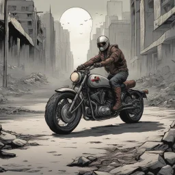 motorcycle, apocalyptic city background, comic book,