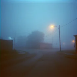 A nostalgic vaporwave 2008 image of a dimly lit, foggy street in the outskirts with a pastel blue and brown color scheme. The street has a textured, rough surface. There is a tree in the corner. The background contains a few buildings. The overall atmosphere is eerie and foggy.