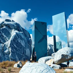 Un'immagine di un paesaggio naturale con marmi blu e bianchi, imponenti, accanto a strutture artificiali verticali. Queste strutture sono blocchi rettangolari di vetro riflettente, che creano un contrasto tra il naturale e l'artificiale. Cielo blu intenso.. Persona osserva. La scena trasmette un senso di dialogo tra elementi organici. Dettagli degli specchi e delle rocce molto accentuati. Nuvole