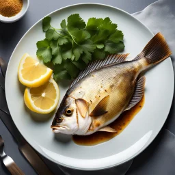 a fried whole (((turbot))) fish served on elegant porcelain plate with steel forks; overhead shot, UHD photo, photo-realistic, award-winning photo, extremely detailed, ultra-high quality, amazing reflections, beautiful textures, excellent shadows